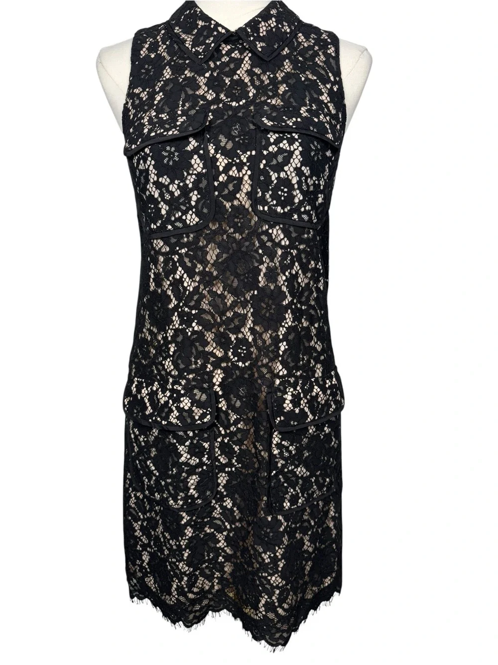 J.Crew Black Lace Cocktail Dress Scalloped Nude Lining Sleeveless Pockets Size 2
